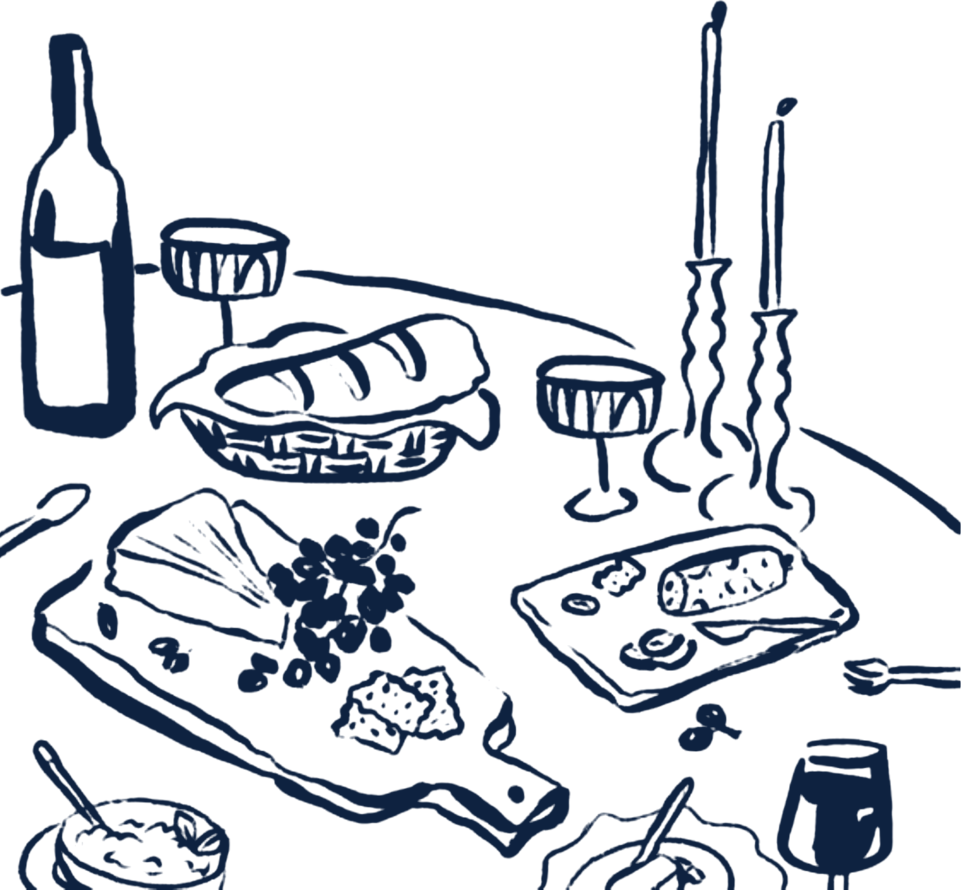 Line drawing of a table set with cheese, bread, wine and candles